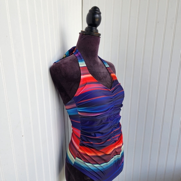 NWOT NOON SWIM Women's Halter 1 Piece Swimming Suit Striped Purple Red Sz 10 - Picture 2 of 16